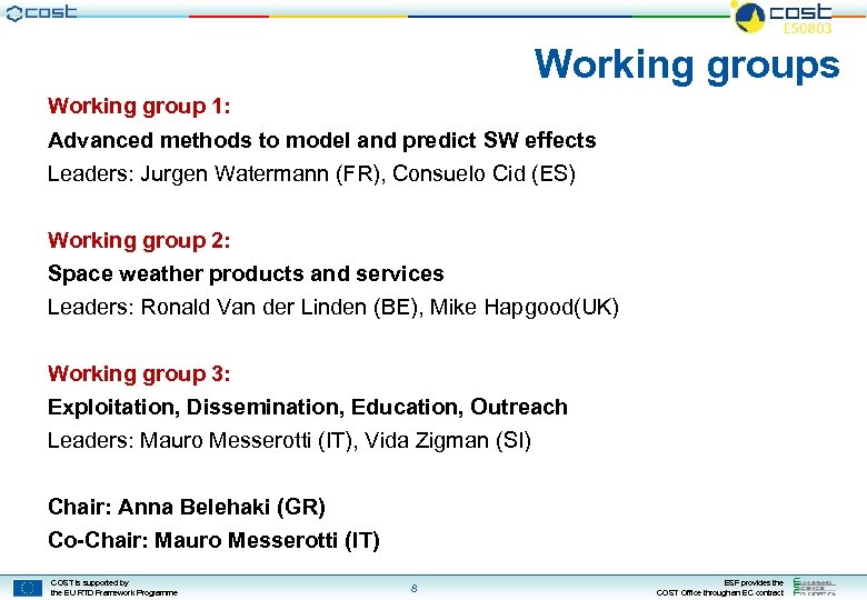 Working groups Working group 1: Advanced methods to model and predict SW effects Leaders: