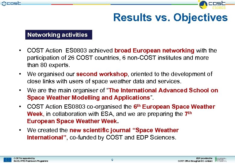 Results vs. Objectives Networking activities • COST Action ES 0803 achieved broad European networking