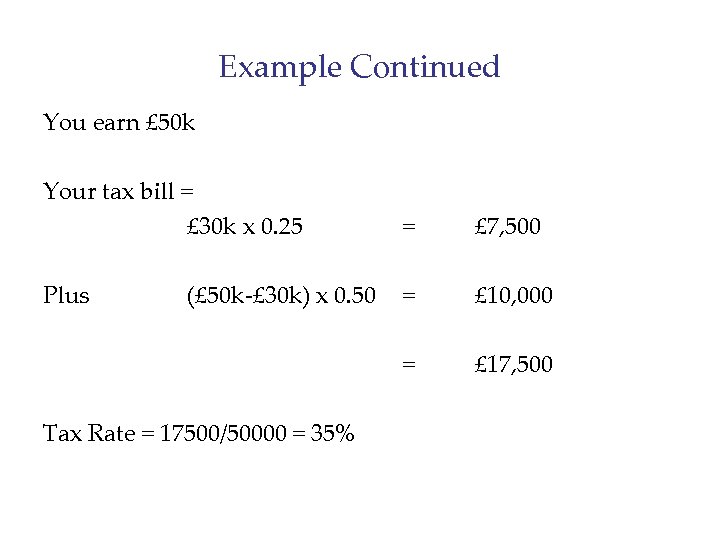 Example Continued You earn £ 50 k Your tax bill = £ 30 k