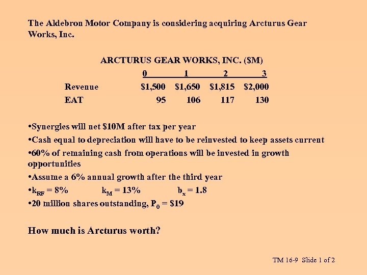 The Aldebron Motor Company is considering acquiring Arcturus Gear Works, Inc. ARCTURUS GEAR WORKS,