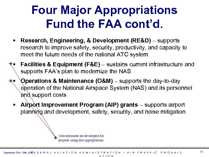 Four Major Appropriations Fund the FAA cont’d. § Research, Engineering, & Development (RE&D) –