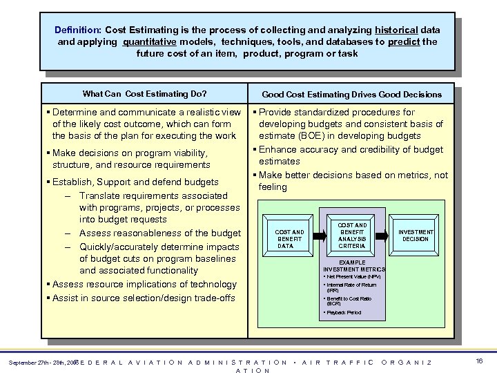 Definition: Cost Estimating is the process of collecting and analyzing historical data and applying