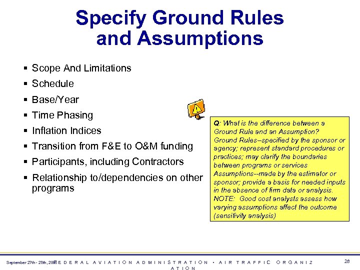 Specify Ground Rules and Assumptions § Scope And Limitations § Schedule § Base/Year §