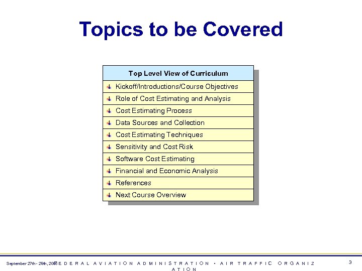 Topics to be Covered Top Level View of Curriculum Kickoff/Introductions/Course Objectives Role of Cost