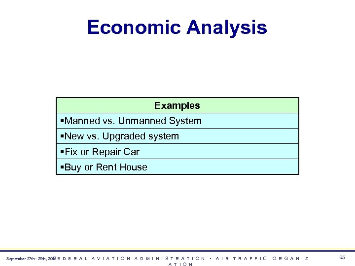 Economic Analysis Examples §Manned vs. Unmanned System §New vs. Upgraded system §Fix or Repair