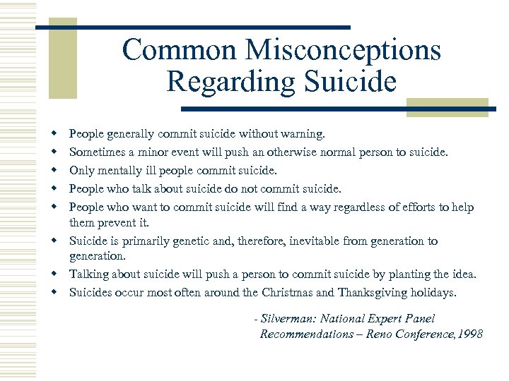 Common Misconceptions Regarding Suicide w w w People generally commit suicide without warning. Sometimes