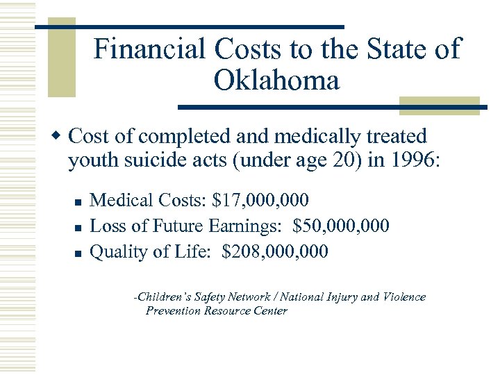 Financial Costs to the State of Oklahoma w Cost of completed and medically treated