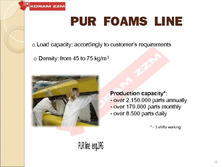 PUR FOAMS LINE o Load capacity: accordingly to customer’s requirements o Density: from 45