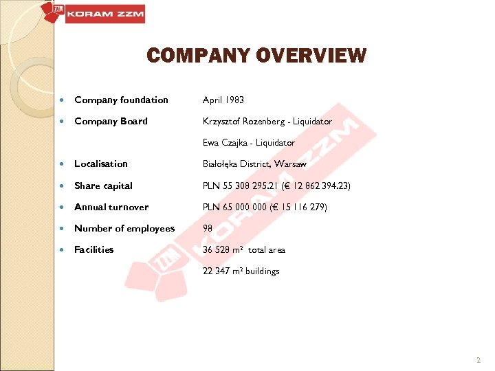 COMPANY OVERVIEW Company foundation April 1983 Company Board Krzysztof Rozenberg - Liquidator Ewa Czajka