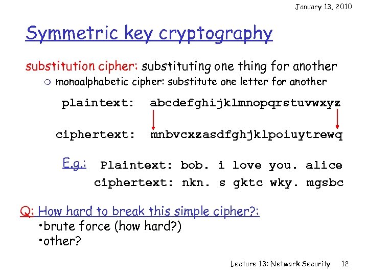 January 13, 2010 Symmetric key cryptography substitution cipher: substituting one thing for another m