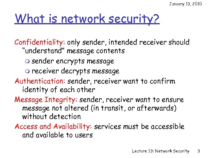 January 13, 2010 What is network security? Confidentiality: only sender, intended receiver should “understand”