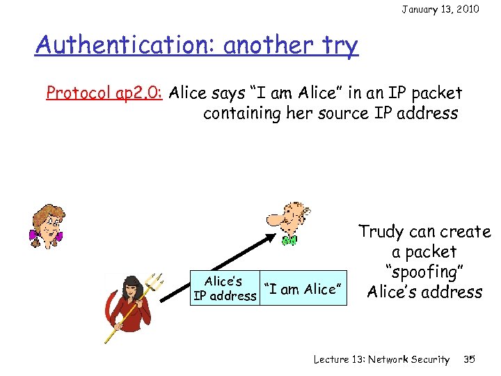 January 13, 2010 Authentication: another try Protocol ap 2. 0: Alice says “I am