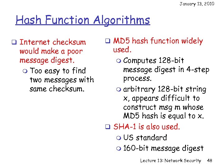 January 13, 2010 Hash Function Algorithms q Internet checksum would make a poor message