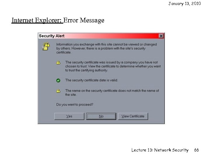 January 13, 2010 Internet Explorer: Error Message Lecture 13: Network Security 66 