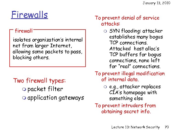 January 13, 2010 Firewalls firewall isolates organization’s internal net from larger Internet, allowing some
