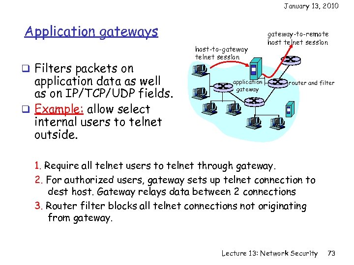 January 13, 2010 Application gateways q Filters packets on application data as well as