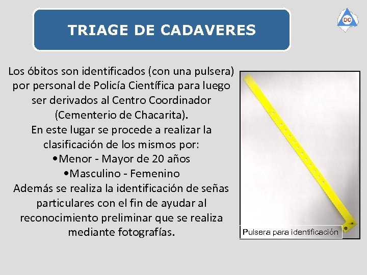 TRIAGE DE CADAVERES Los óbitos son identificados (con una pulsera) por personal de Policía