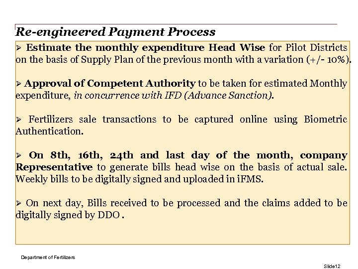 Re-engineered Payment Process Ø Estimate the monthly expenditure Head Wise for Pilot Districts on