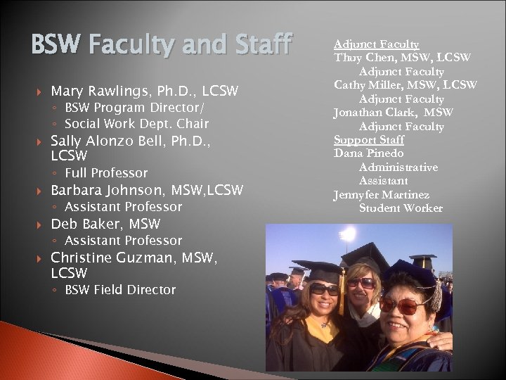 BSW Faculty and Staff Mary Rawlings, Ph. D. , LCSW ◦ BSW Program Director/