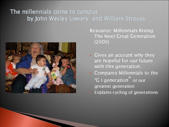 The millennials come to campus by John Wesley Lowery and William Strauss Resource: Millennials