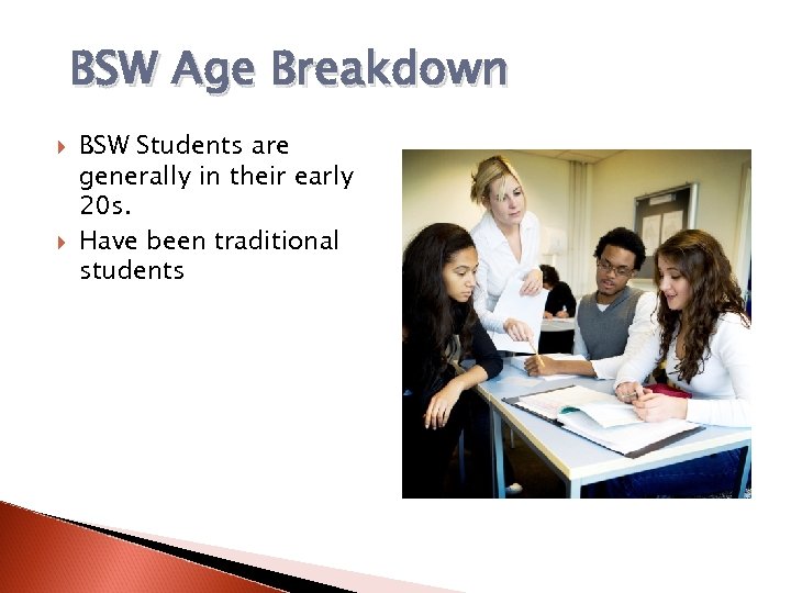 BSW Age Breakdown BSW Students are generally in their early 20 s. Have been