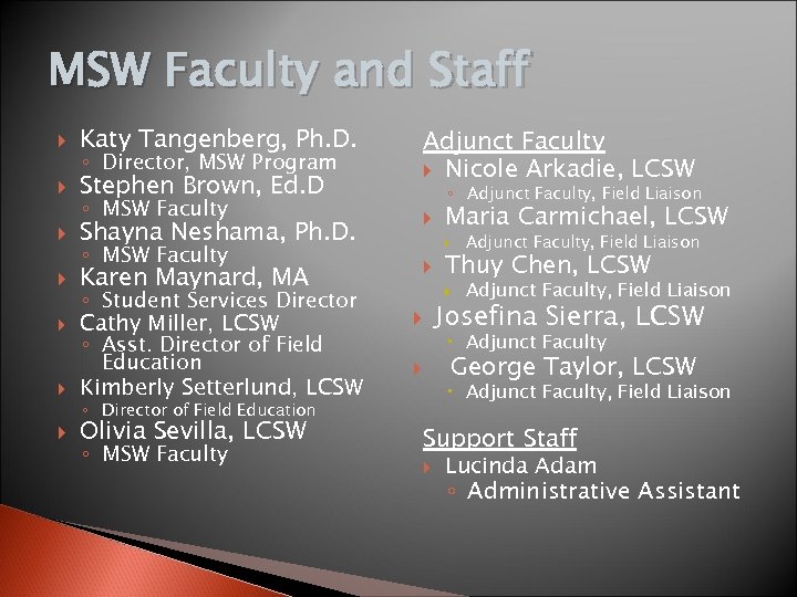 MSW Faculty and Staff Katy Tangenberg, Ph. D. Stephen Brown, Ed. D Adjunct Faculty