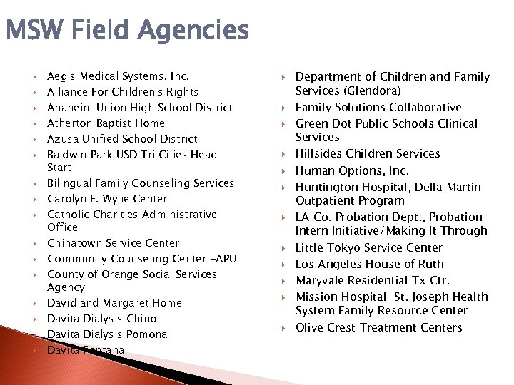 MSW Field Agencies Aegis Medical Systems, Inc. Alliance For Children's Rights Anaheim Union High