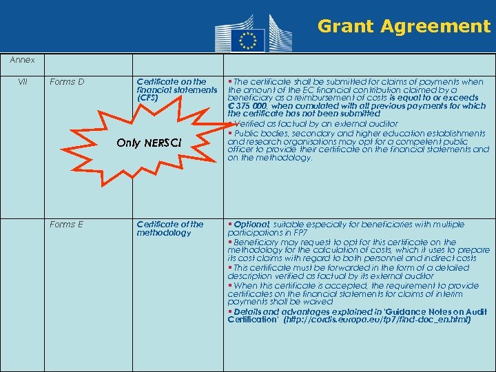 Grant Agreement Annex VII Forms D Certificate on the financial statements (CFS) Only NERSC!