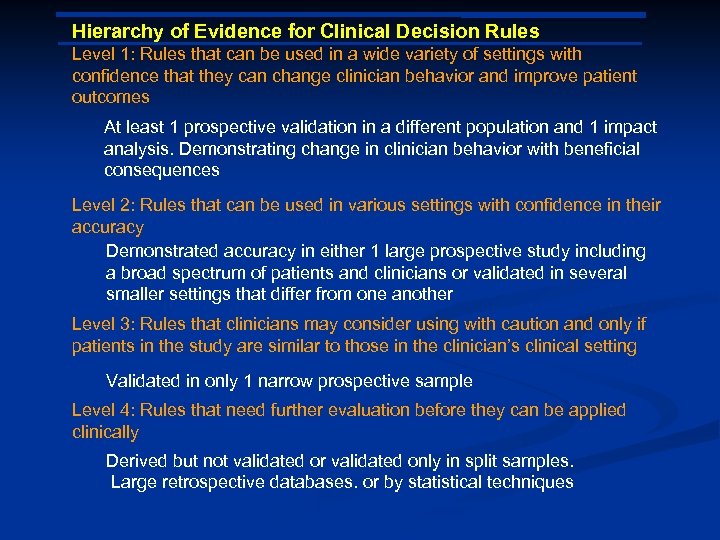 Hierarchy of Evidence for Clinical Decision Rules Level 1: Rules that can be used