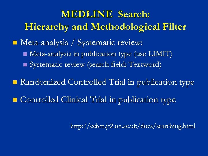 MEDLINE Search: Hierarchy and Methodological Filter n Meta-analysis / Systematic review: Meta-analysis in publication