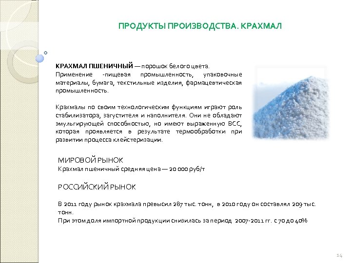 ПРОДУКТЫ ПРОИЗВОДСТВА. КРАХМАЛ ПШЕНИЧНЫЙ — порошок белого цвета. Применение -пищевая промышленность, упаковочные материалы, бумага,