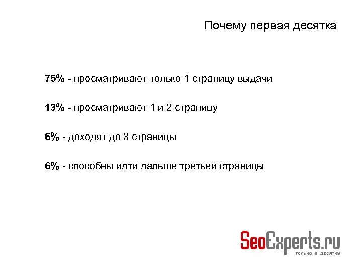 Почему первая десятка 75% - просматривают только 1 страницу выдачи 13% - просматривают 1