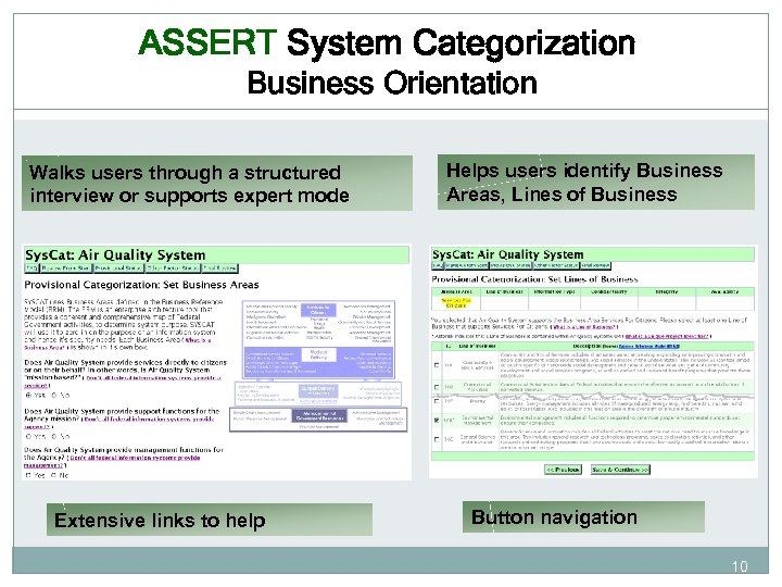 ASSERT System Categorization Business Orientation Walks users through a structured interview or supports expert