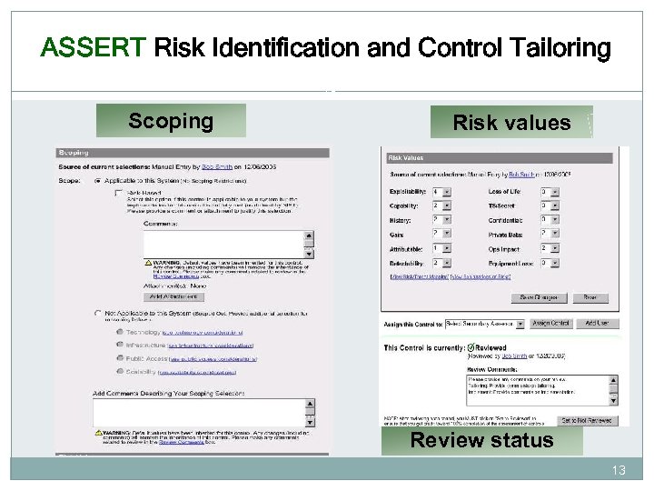 ASSERT Risk Identification and Control Tailoring 13 Scoping Risk values Review status 13 