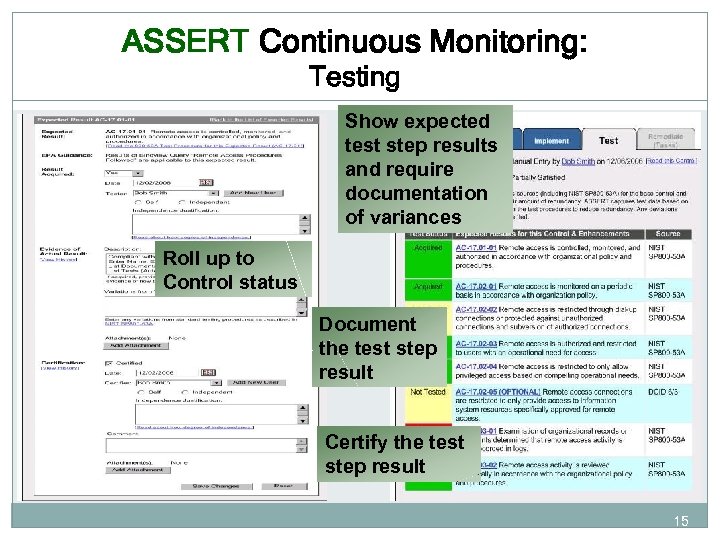 ASSERT Continuous Monitoring: Testing Show expected test step results and require documentation of variances
