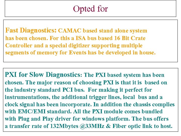 Opted for Fast Diagnostics: CAMAC based stand alone system has been chosen. For this