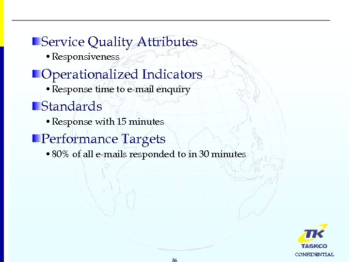 Service Quality Attributes • Responsiveness Operationalized Indicators • Response time to e-mail enquiry Standards