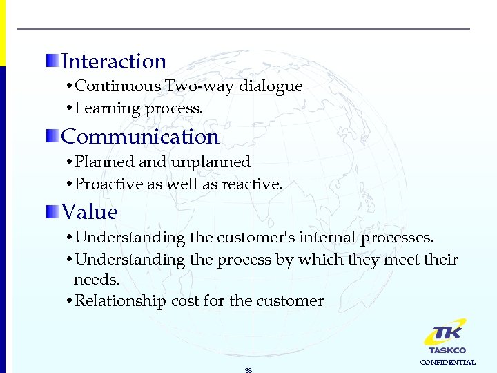 Interaction • Continuous Two-way dialogue • Learning process. Communication • Planned and unplanned •