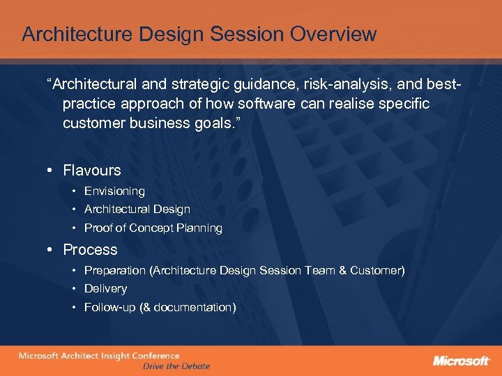 Architecture Design Session Overview “Architectural and strategic guidance, risk-analysis, and bestpractice approach of how
