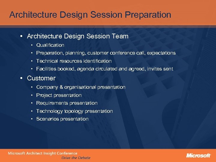 Architecture Design Session Preparation • Architecture Design Session Team • Qualification • Preparation, planning,
