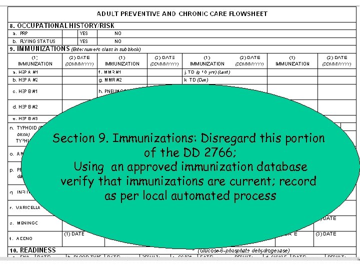 Section 9. Immunizations: Disregard this portion of the DD 2766; Using an approved immunization