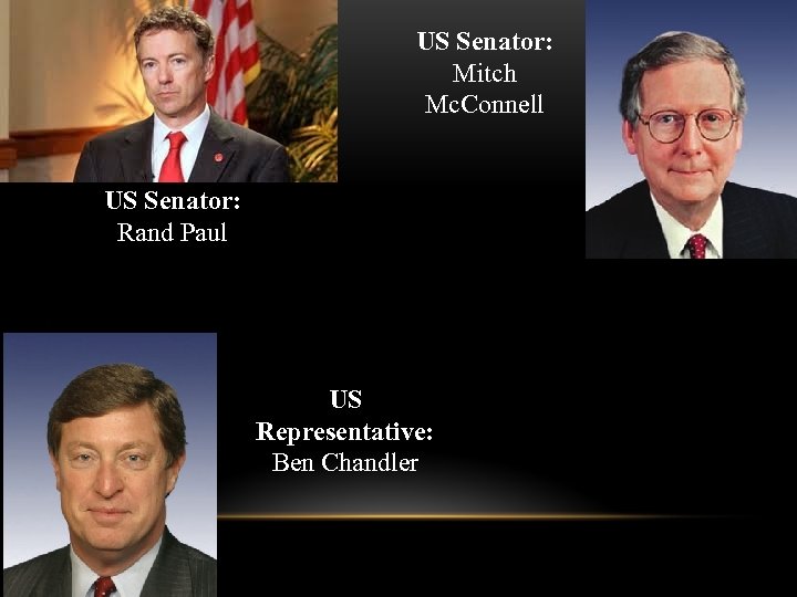 US Senator: Mitch Mc. Connell US Senator: Rand Paul US Representative: Ben Chandler 