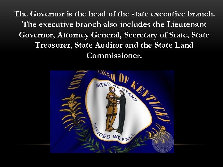 The Governor is the head of the state executive branch. The executive branch also