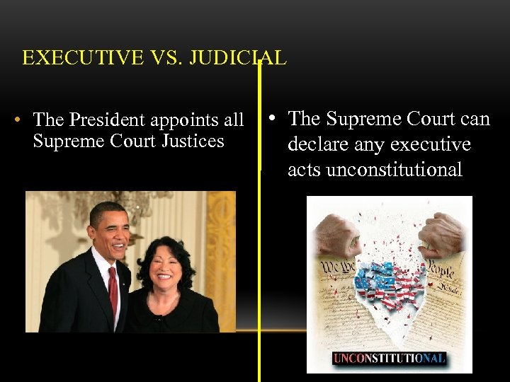EXECUTIVE VS. JUDICIAL • The President appoints all Supreme Court Justices • Newest Supreme
