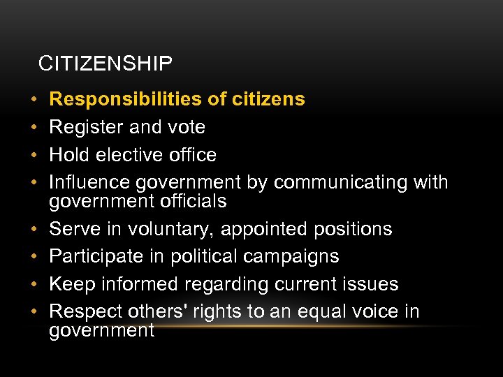 CITIZENSHIP • • Responsibilities of citizens Register and vote Hold elective office Influence government