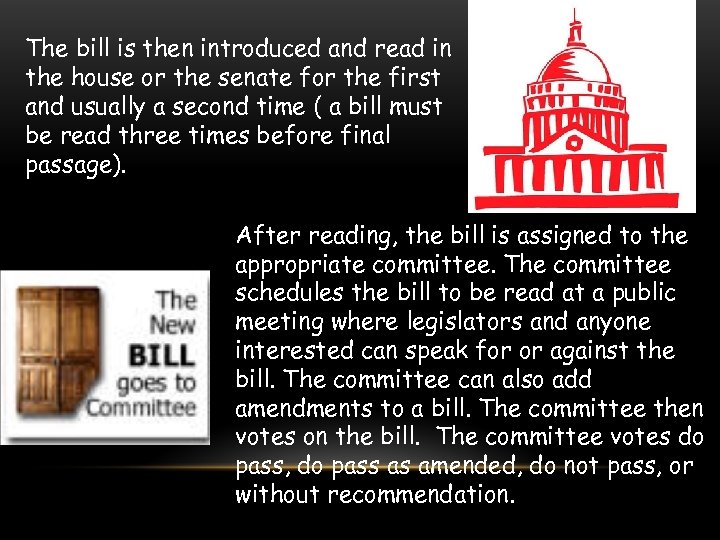 The bill is then introduced and read in the house or the senate for