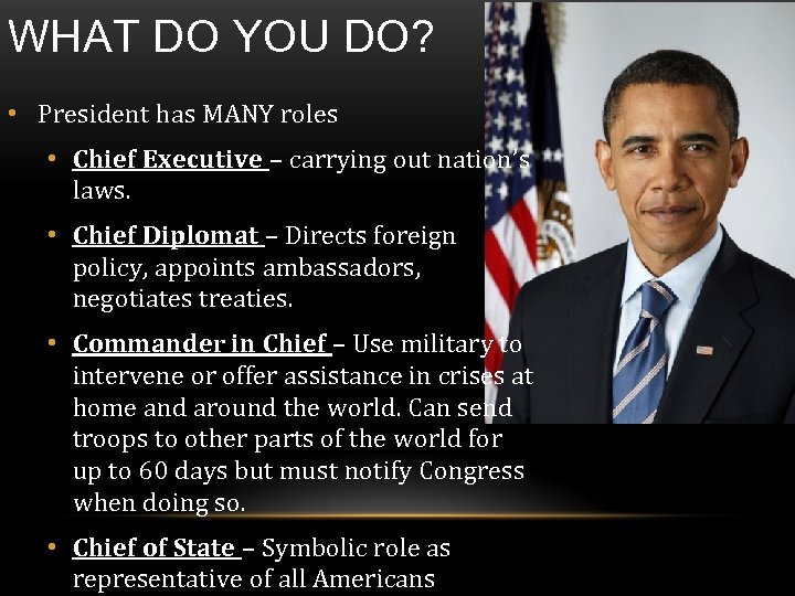 WHAT DO YOU DO? • President has MANY roles • Chief Executive – carrying