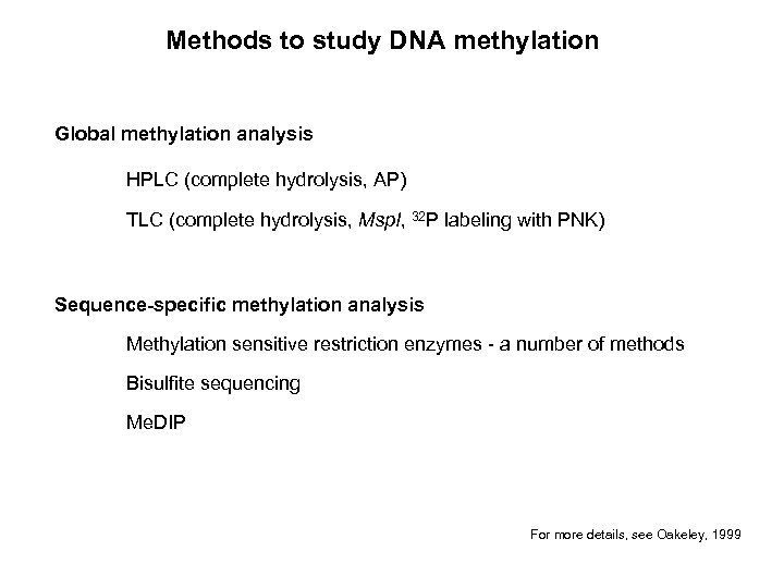 Methods to study DNA methylation Global methylation analysis HPLC (complete hydrolysis, AP) TLC (complete