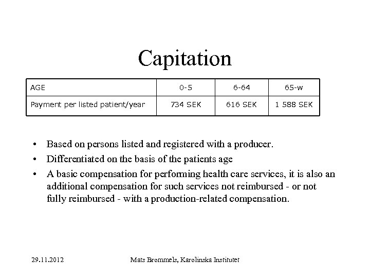 Capitation AGE 0 -5 Payment per listed patient/year 6 -64 65 -w 734 SEK
