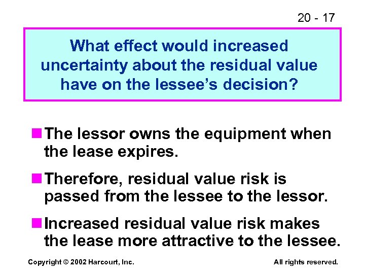 20 - 17 What effect would increased uncertainty about the residual value have on